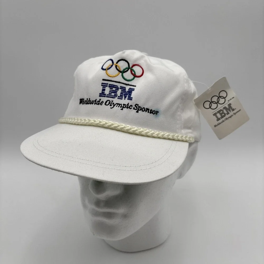 Vintage IBM Worldwide Olympics Sponsor Cap Hat Flat Bill 1988 80s White RARE NWT