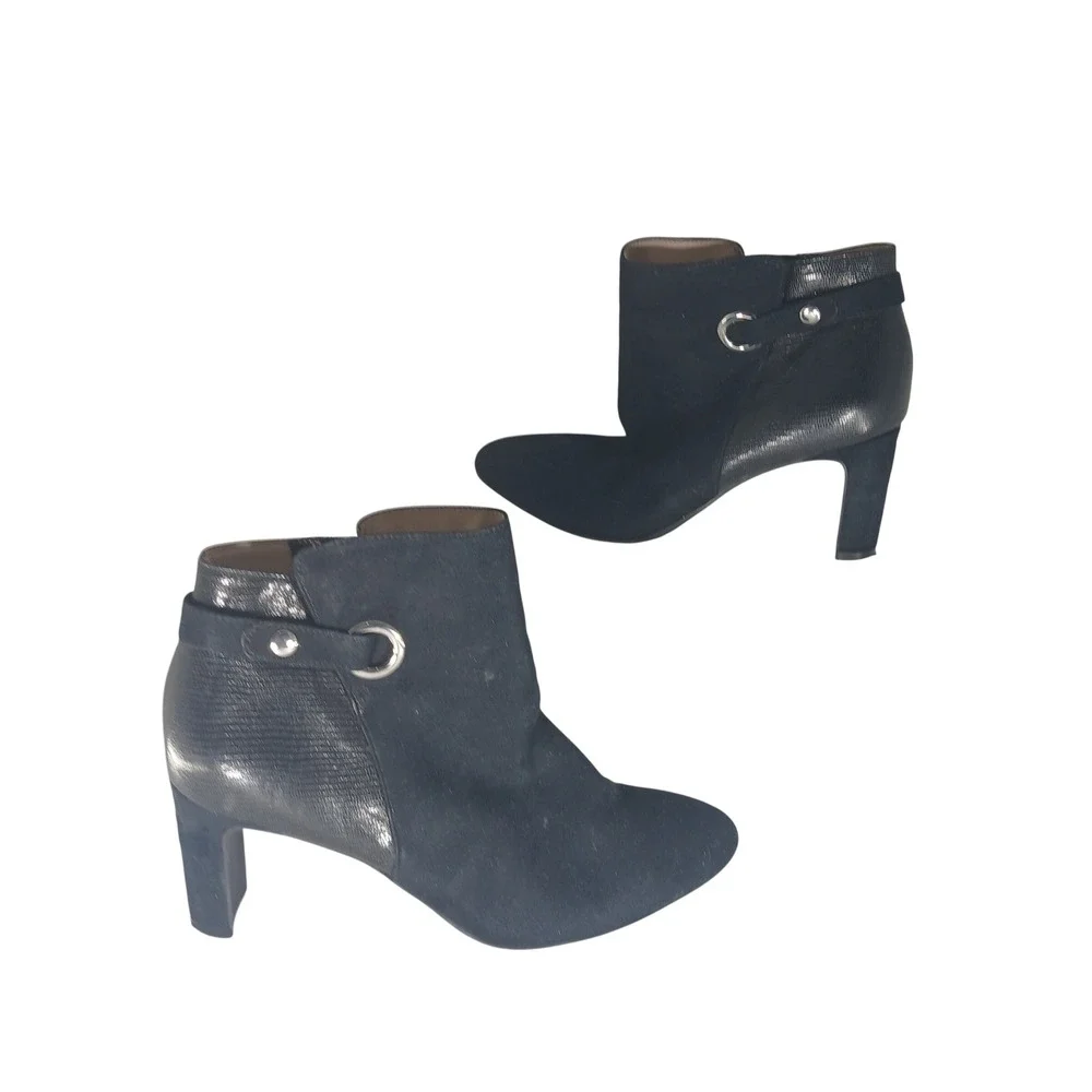 LifeStride Georgianna Ankle Boots 7.5W Black Faux Suede Leather Block Heel Zip