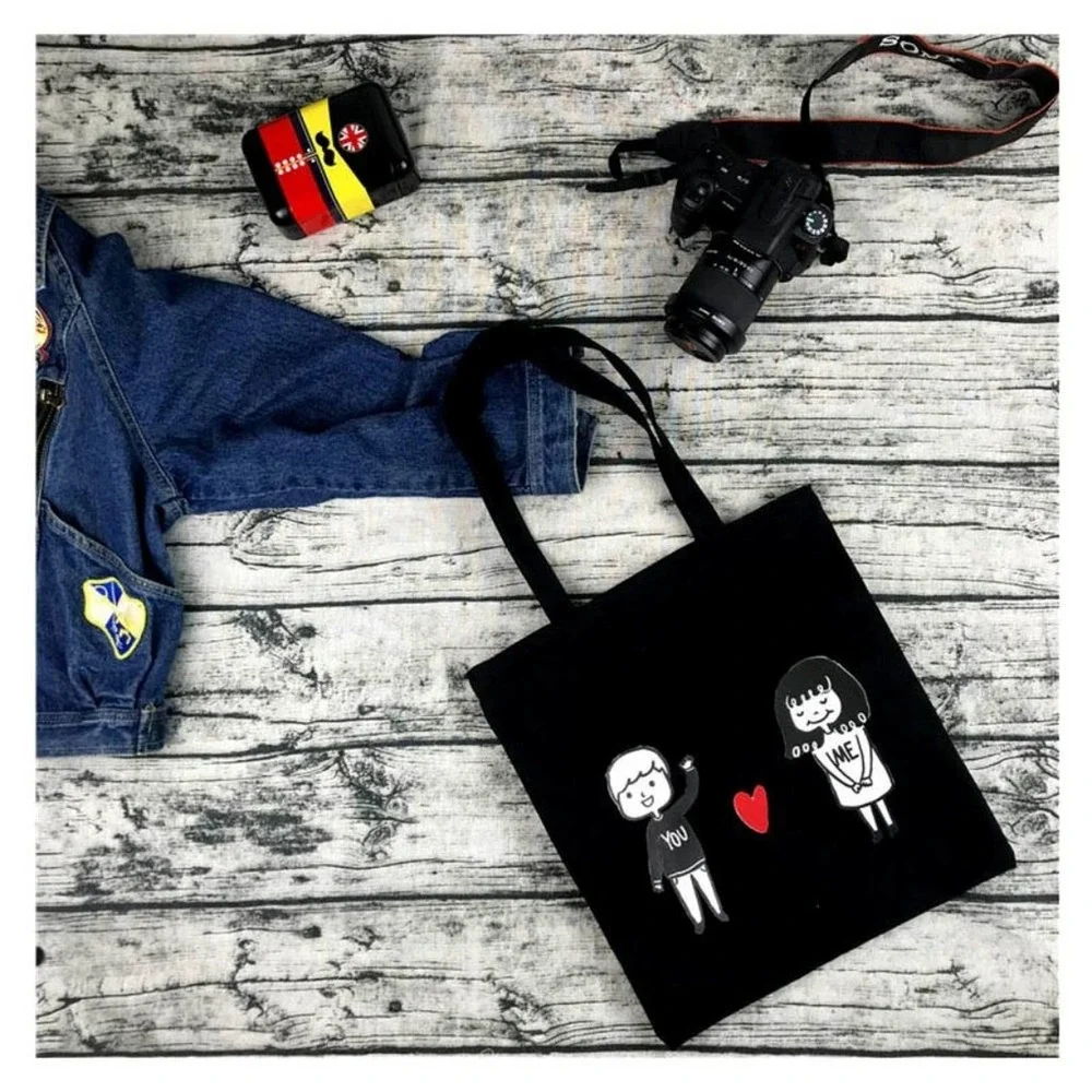 You‎ and Me Black Canvas Graphic Art Zippered Tote