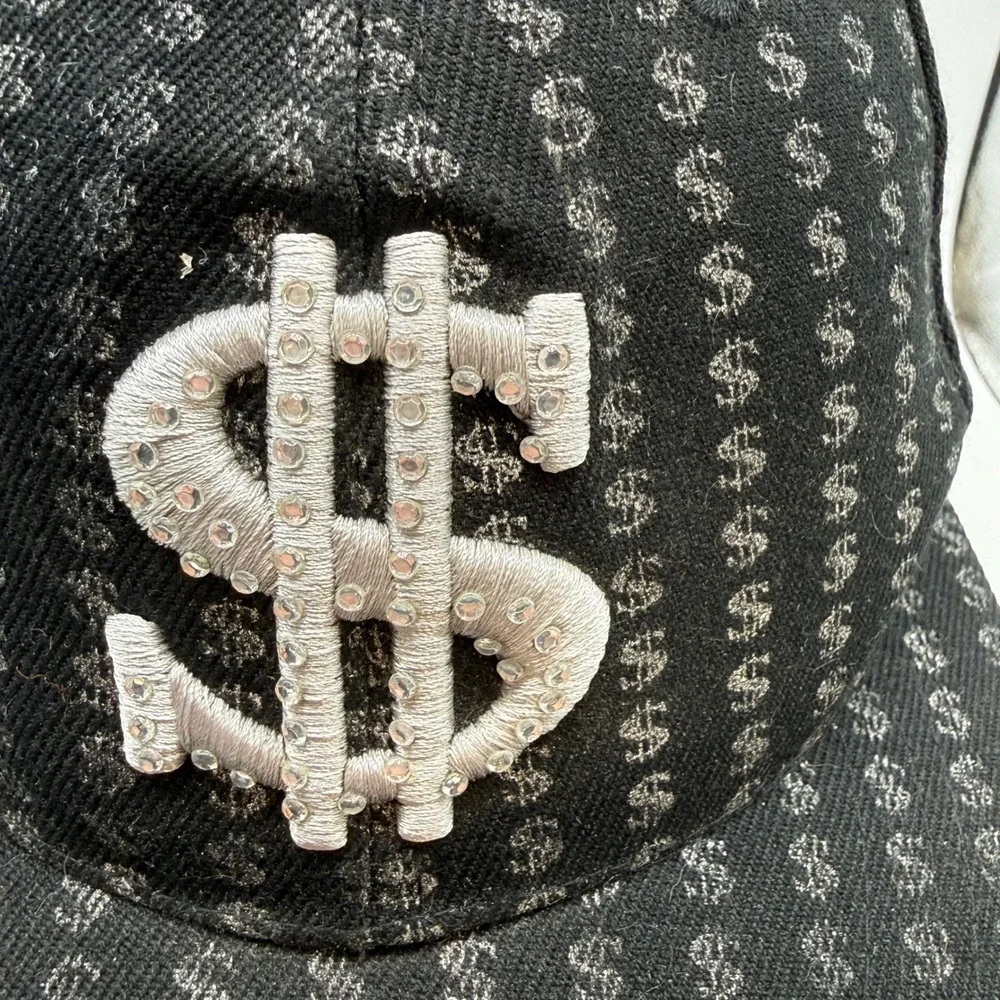 Black Dollar Sign Rhinestone Studded Baseball Cap Hat All Over Print Y2K Hip Hop