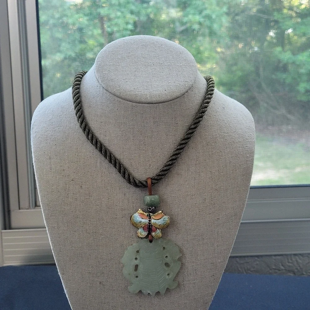 Vintage Chinese Carved Jade Cicada Pendant Cloisonne Butterfly Silk Cord