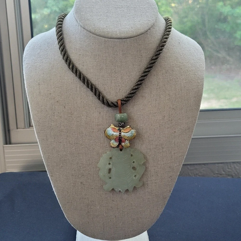 Vintage Chinese Carved Jade Cicada Pendant Cloisonne Butterfly Silk Cord