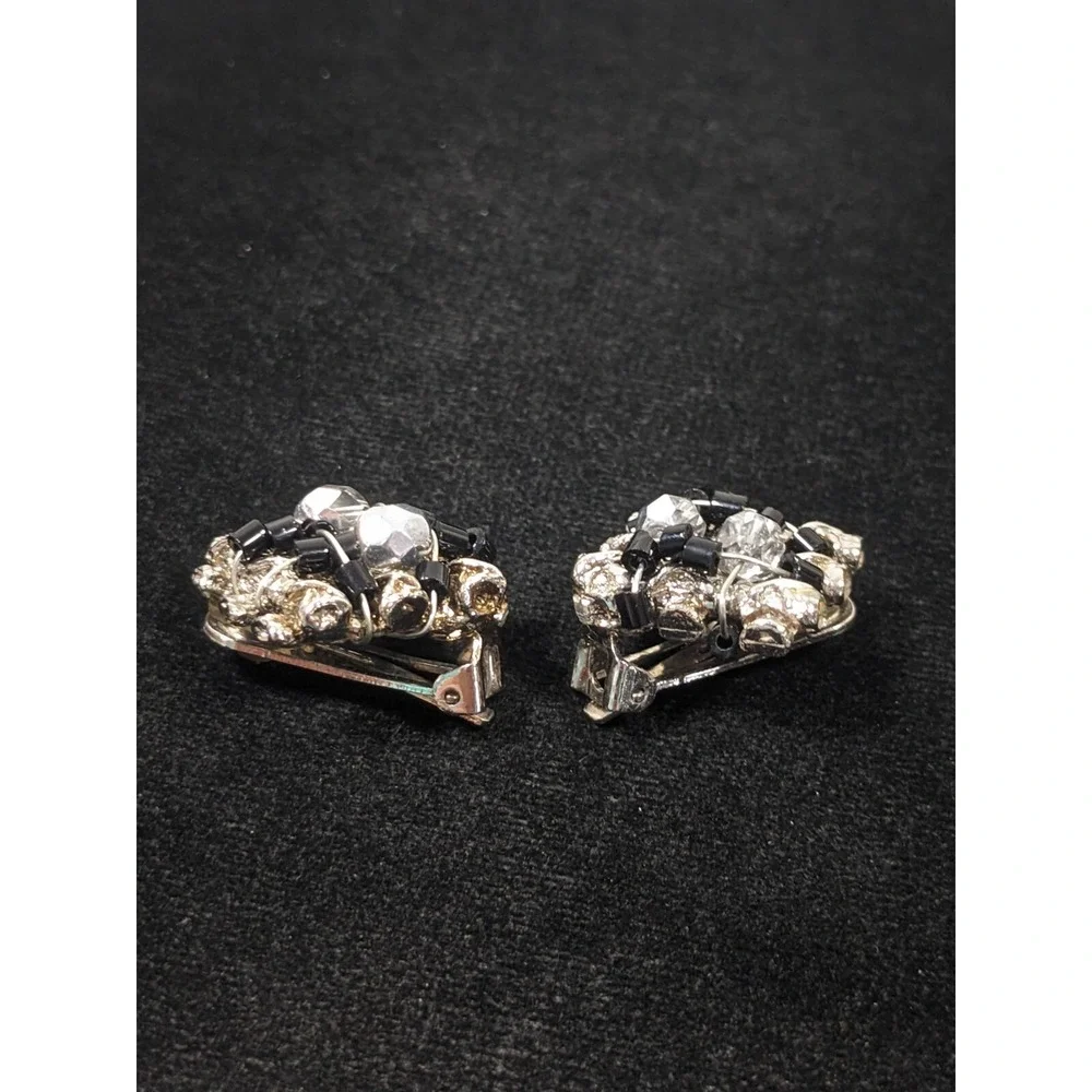Vintage Silver Tone Black Glass‎ Wrapped Bead Square Clip On Statement Earrings