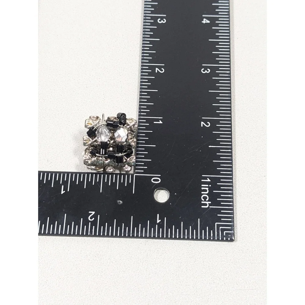 Vintage Silver Tone Black Glass‎ Wrapped Bead Square Clip On Statement Earrings