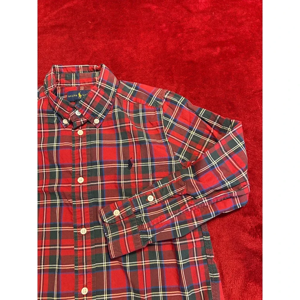 Ralph Lauren Boys Red Plaid Button Down Shirt Size 7 Long Sleeve Cotton‎ Pony