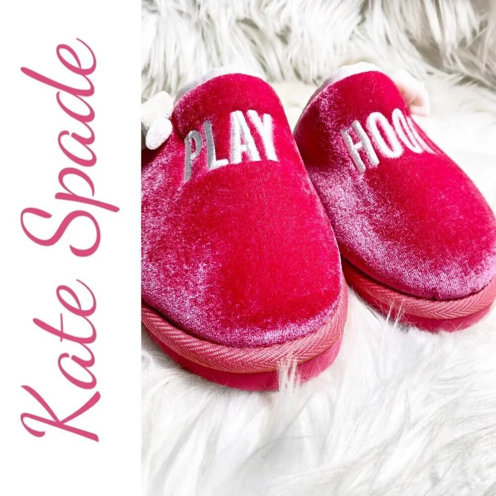 KATE SPADE PLAY HOOKY PINK VELVET SLIPPERS FAUX FUR LINING, SIZE‎ 7
