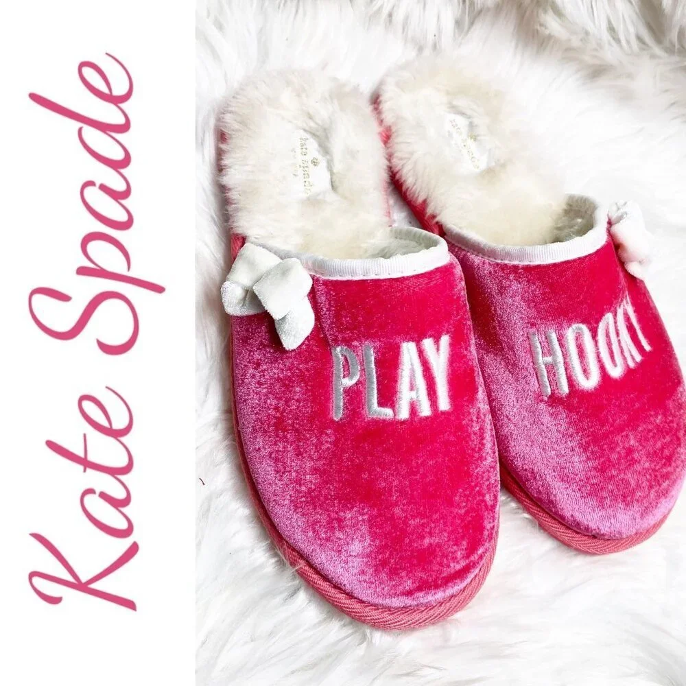 KATE SPADE PLAY HOOKY PINK VELVET SLIPPERS FAUX FUR LINING, SIZE‎ 7