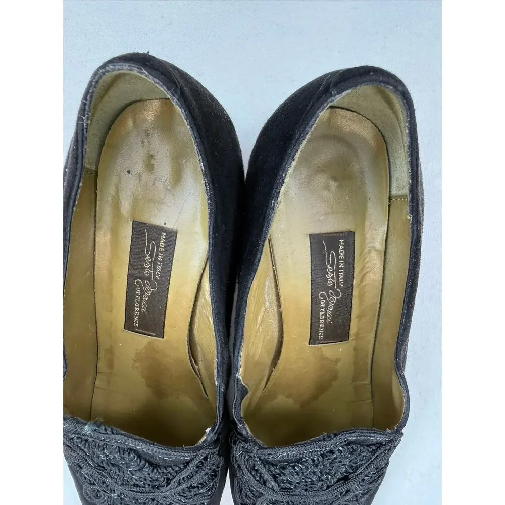 Sesto Meucci Black Suede‎ Pumps Embroidered Mesh Vamp Vintage 90s Womens Size 7