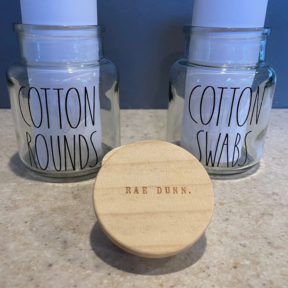 Rae Dunn Vanity Set Glass Wood Jar Containers Cotton Swabs Cotton Rounds