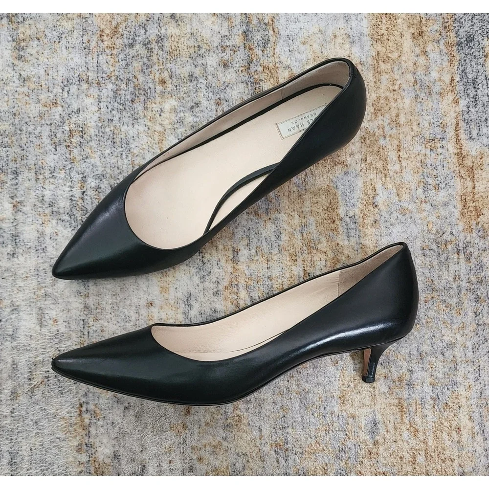 Cole Haan Women's Grand.OS Vesta Black Leather Kitten Heels Pumps Size 8.5 B