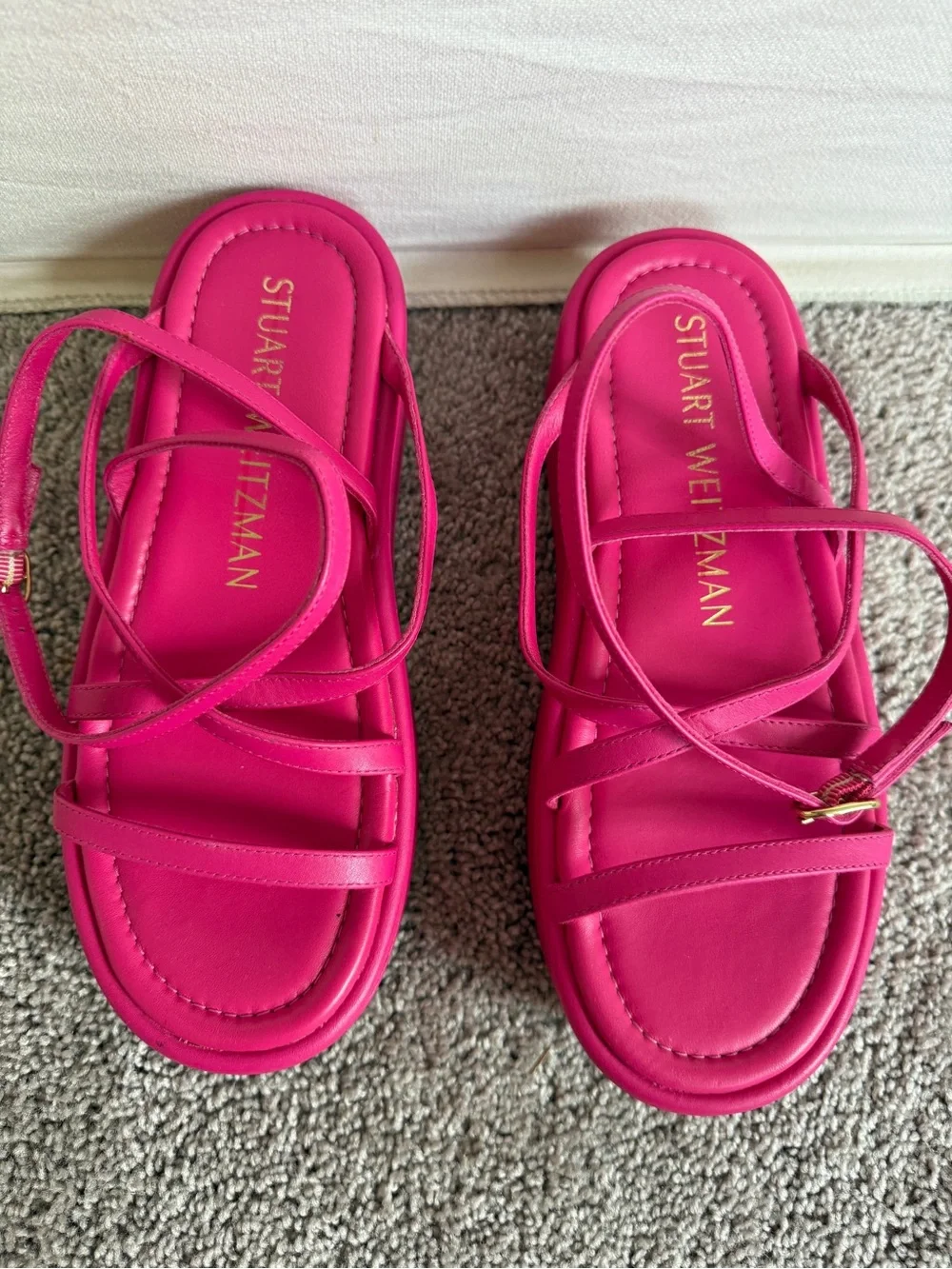 Stuart Weitzman Hot Pink Strappy Platform Sandals gold metal buckles