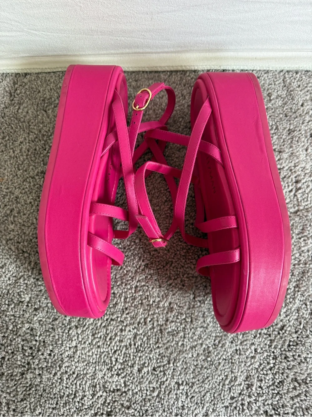 Stuart Weitzman Hot Pink Strappy Platform Sandals gold metal buckles