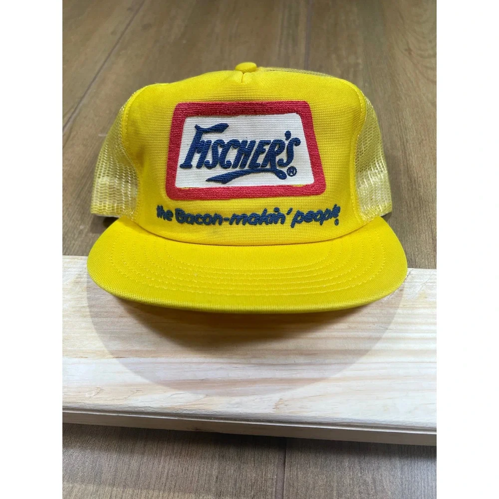 Vintage Fischers Bacon Makin People Trucker Hat Yellow Snapback Adver-Togs USA‎