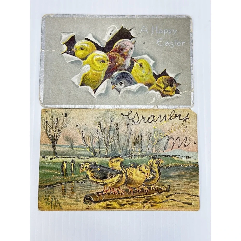 2 Antique A Happy Easter Greetings Postcard‎ Baby Chicks
