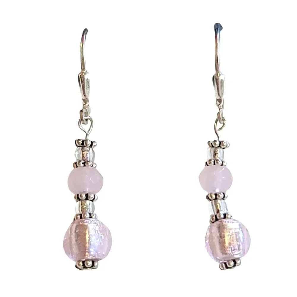 Vintage Sterling Silver 925 Shimmer Pink Bead Dangle Drop Earrings