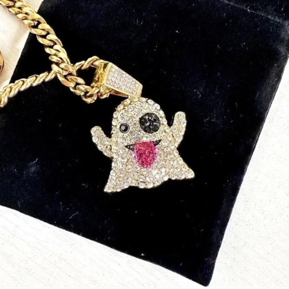 Crystal Ghost Pendant Necklace Jewelry Gold Colored Chain Whimsical Rhinestone‎