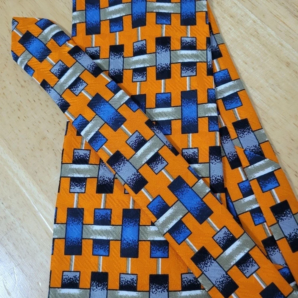 Robert Talbott Studio Men's Tie Orange/ Blue   Geometric Silk Printed‎ Necktie