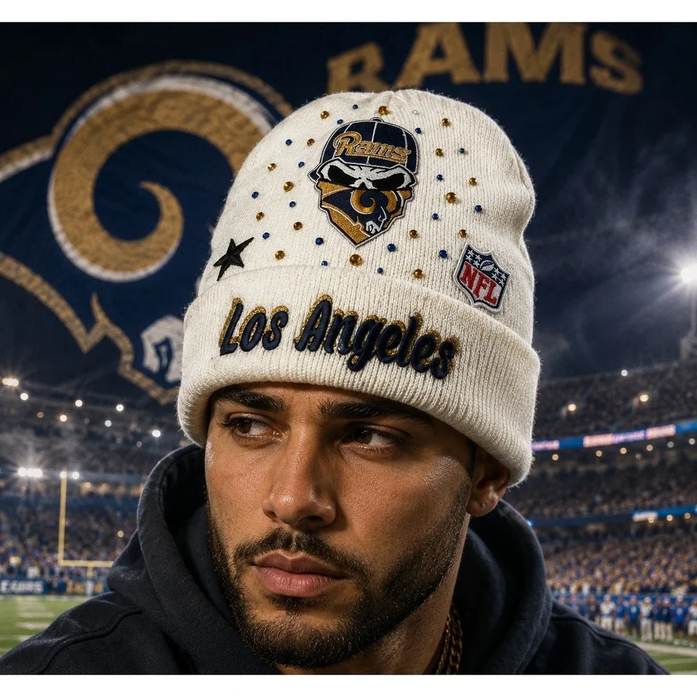 Los Angeles Rams Beanie‎ Beige design with Logo, Star & Rhinestones