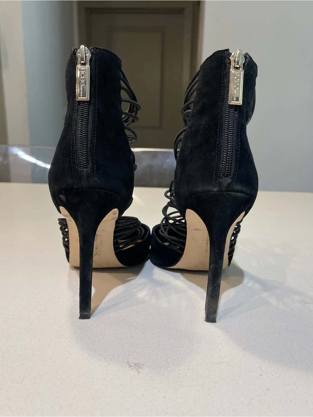 BCBGeneration Black Strappy Suede Pointed-Toe Stiletto Heels