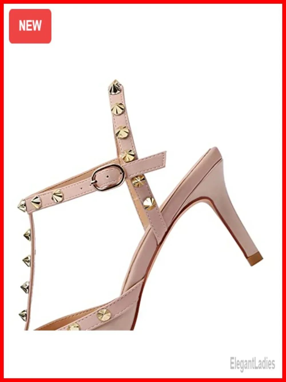 Studded Kitten Heels Pointy Toe Ankle Strap Patent Leather Stiletto Sandals
