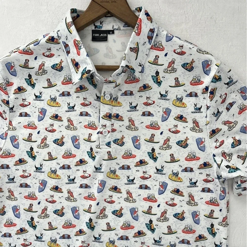 Fore Aces Golf Polo Boogie Board Dogs All Over Print Men's Medium Performance
