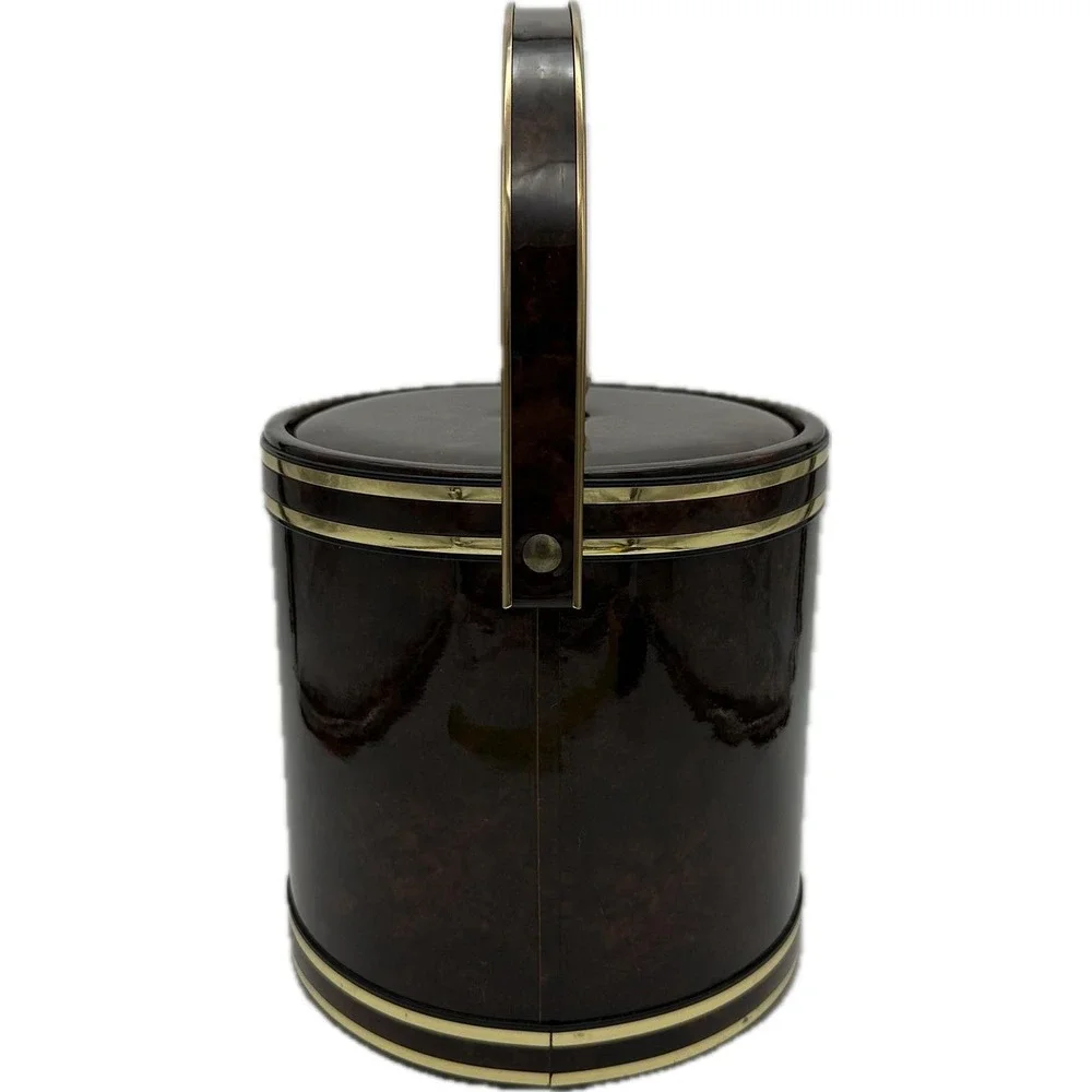 Vtg  MCM Faux Tortoise Shell Brown Marbled Vinyl Padded Ice Bucket‎ Handle Core