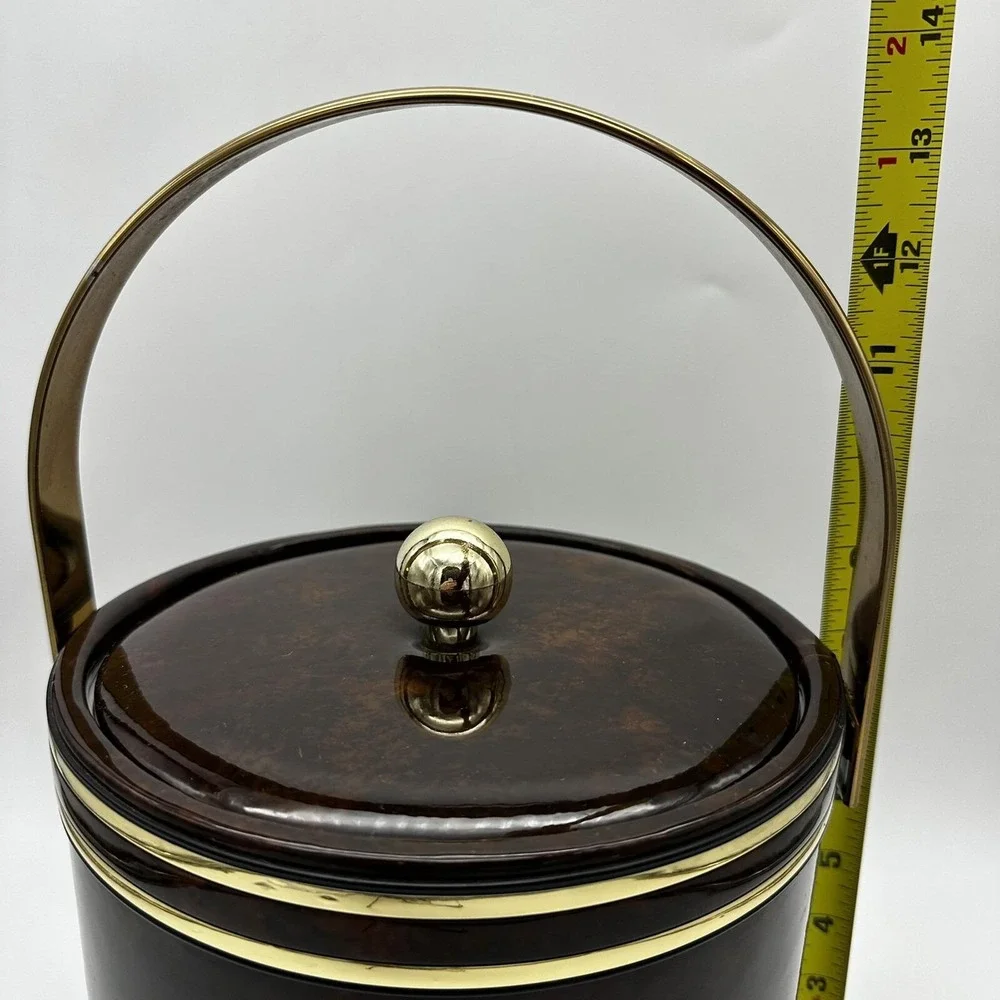 Vtg  MCM Faux Tortoise Shell Brown Marbled Vinyl Padded Ice Bucket‎ Handle Core