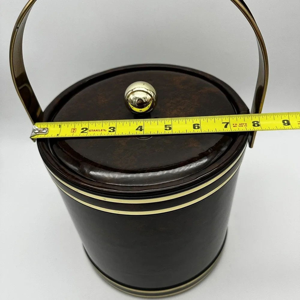 Vtg  MCM Faux Tortoise Shell Brown Marbled Vinyl Padded Ice Bucket‎ Handle Core