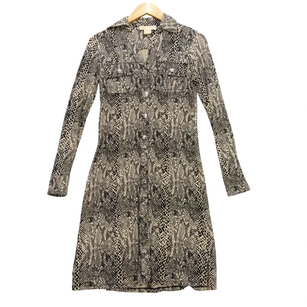 Michael Kors Snake Print Button Front Shirt Dress Long Sleeve Pockets Petite‎ P