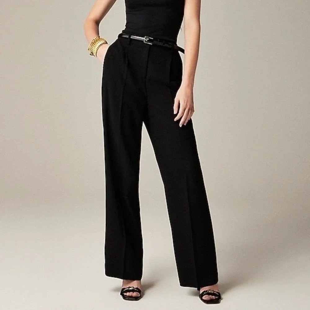 J. Crew Black Essential Wide Leg Pants‎ City Crepe Trouser Cuffed Relaxed Size 0