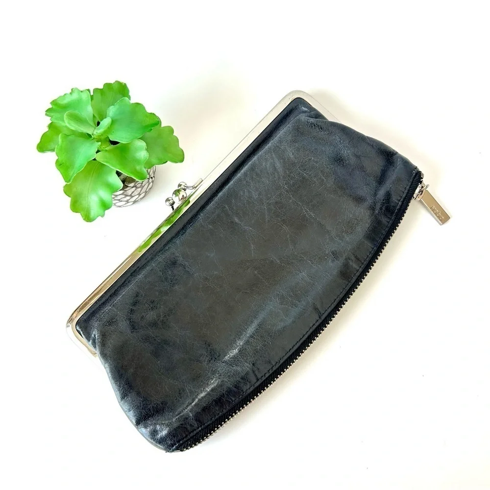 HOBO International Mavis Millie Metal Frame Zipper Bottom Leather Clutch Black