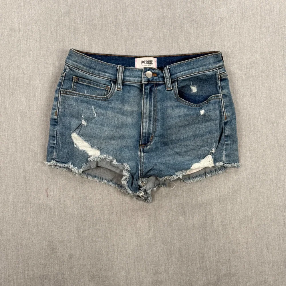Pink Victoria's Secret Distressed Denim Shorts Medium Wash Cutoff Size‎ 10