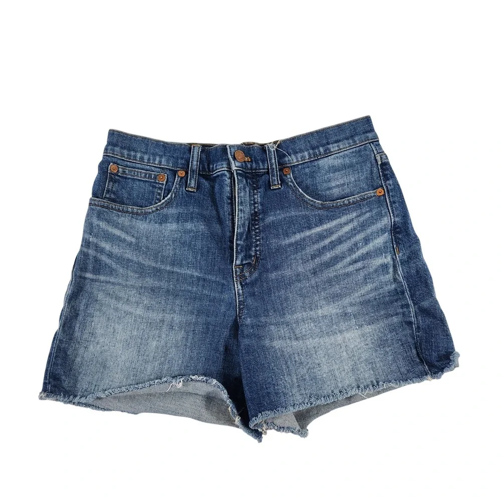 Madewell‎ High-Rise Denim Shorts Blue Raw Hem Size 28 Whiskered Summer Casual