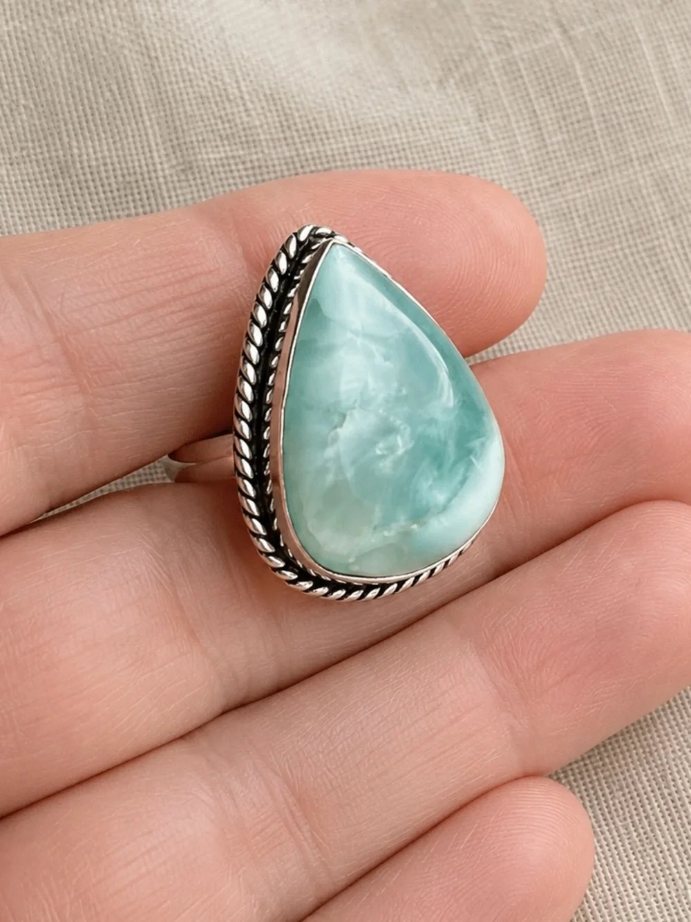 Teardrop Natural Larimar Sterling Silver Ring Sz 9