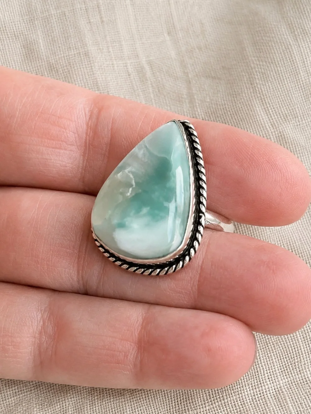 Teardrop Natural Larimar Sterling Silver Ring Sz 9