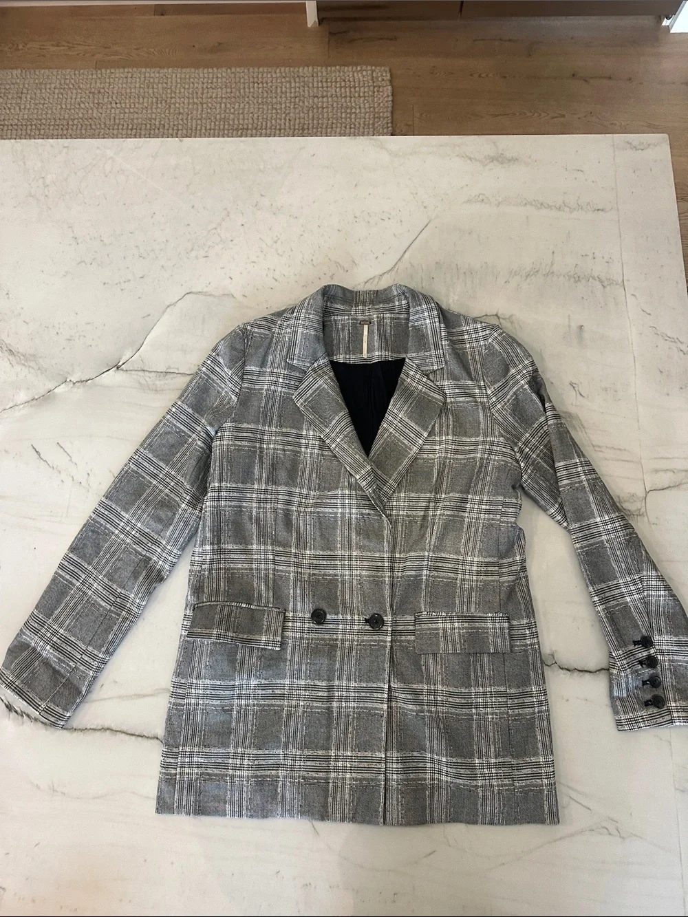 Free People Gray Plaid Double-Breasted Blazer