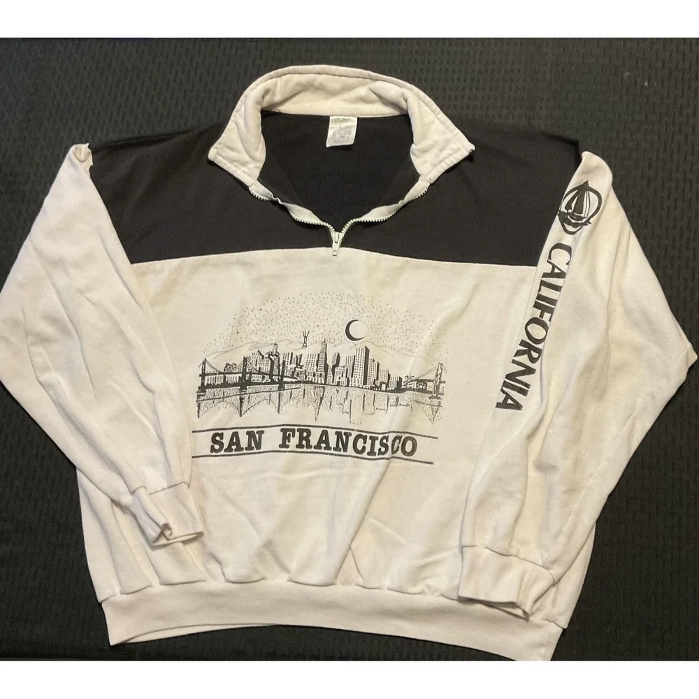 Vintage San Francisco Sweatshirt Mens Large White Black Quarter Zip Made USA 90s