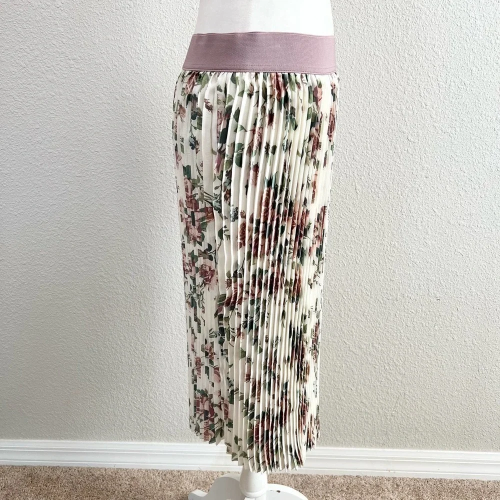 NWT LuLaroe Jill Accordion Cream Floral Stretchy Pull On Pencil Midi Skirt M