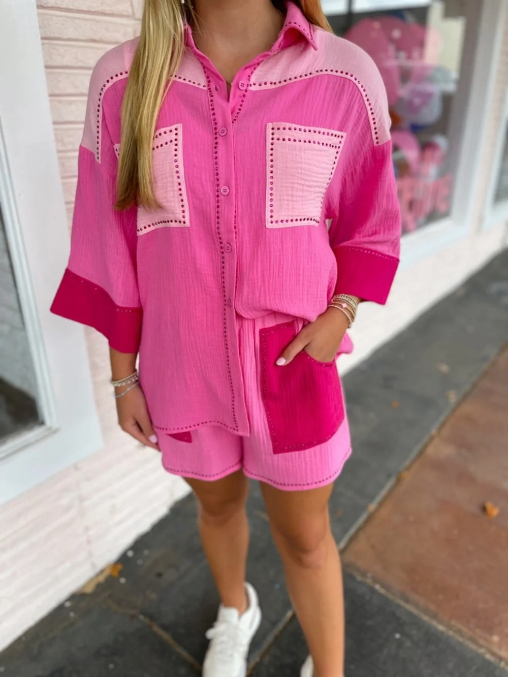 Peach Love Boutique Pink Rhinestone Color Block Matching Set Sz S