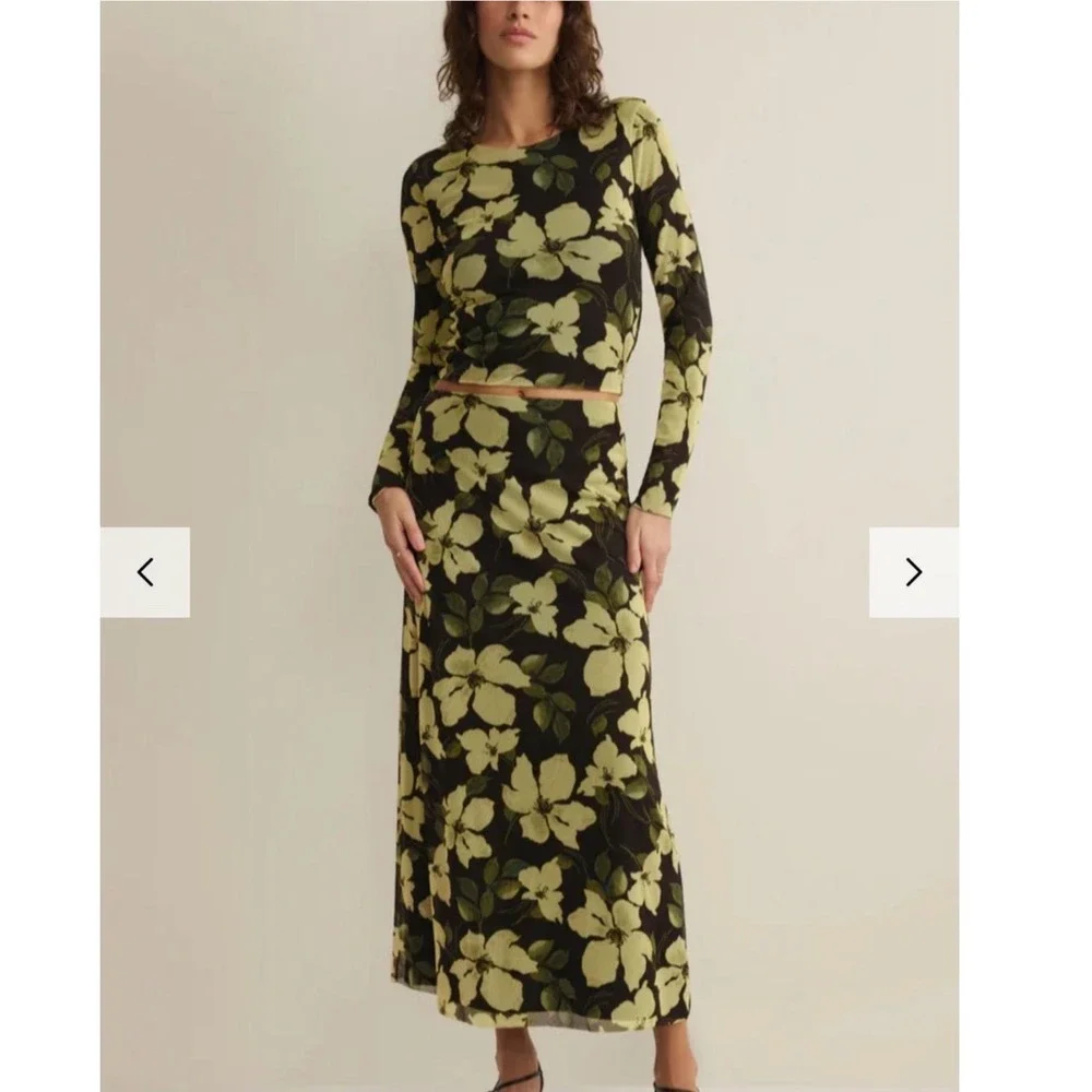 Evereve Z Supply Floral Mesh Two Piece Set Long Sleeve Maxi Skirt Black Yellow