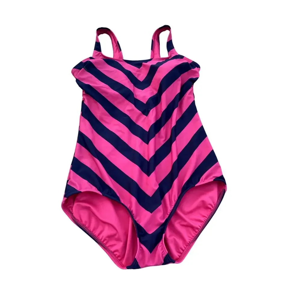 lands end Chevron One Piece Pink/Navy Swimsuit - Size 12