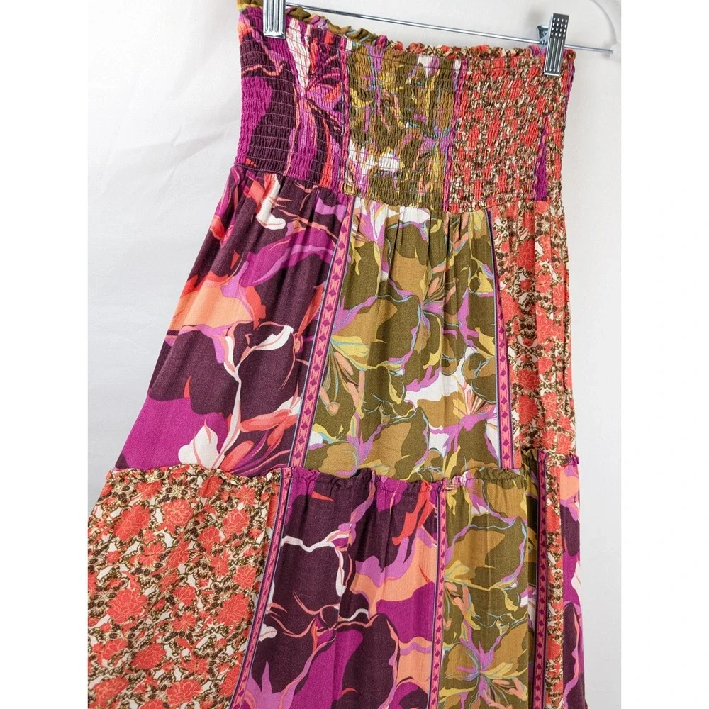 Floral Patchwork Smocked Maxi Skirt Purple Pink Cottagecore Priaire Hippie Boho