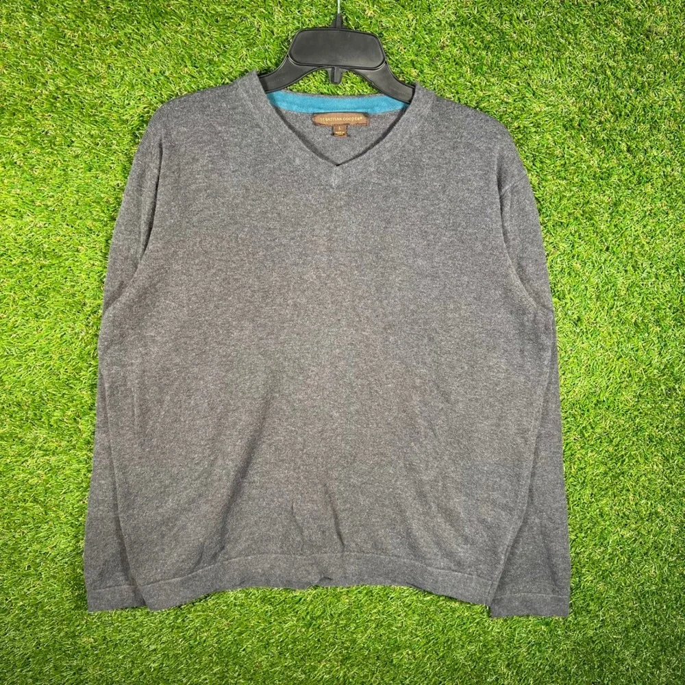 Sebastian Cooper Mens V-Neck Sweater Gray Knit Pullover Large
