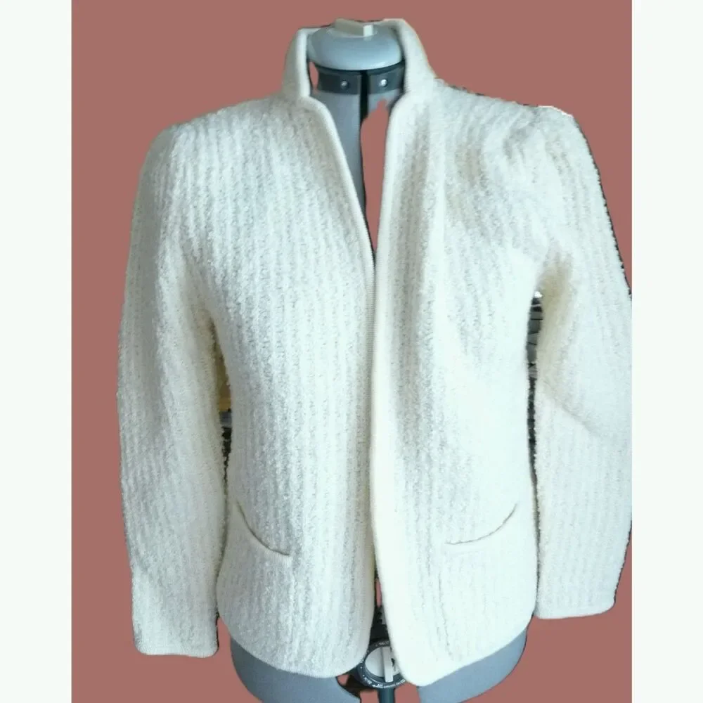 Vintage Cream Boucle Knit Open Front Elegant Edge Trim Cardigan Jacket M
