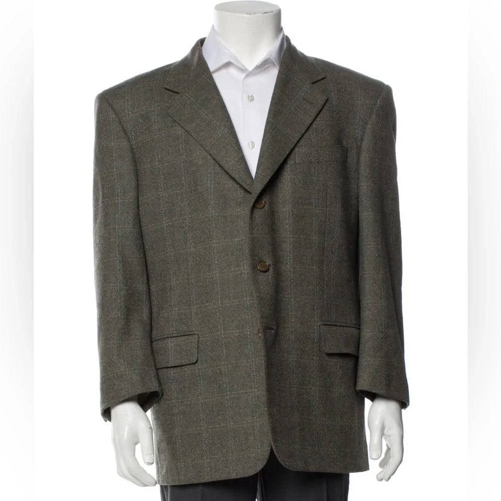 Ing. Loro Piana & C. Euromoda Wool Cashmere Gray Taupe Plaid Print Blazer Size M