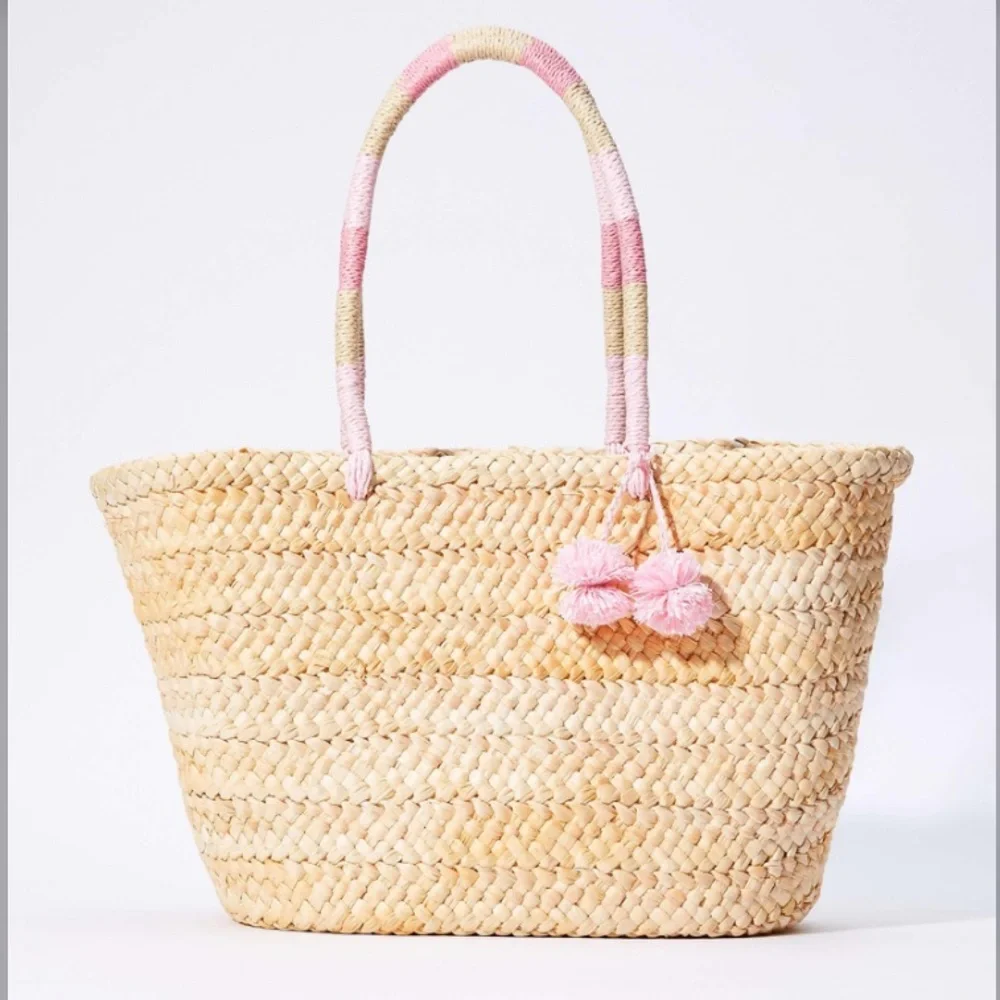 LOFT NWT Pom Pom Colorblock Straw Tote‎