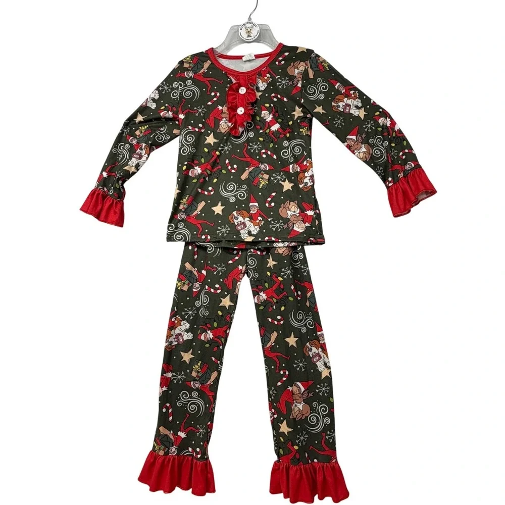 Kids Christmas Elf‎ Pajama Set Long Sleeve Pants Ruffle Red Green 3XL 7-8T
