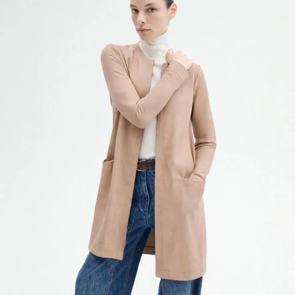 VINCE Genuine Leather Lightweight Open Front Collarless‎ Coat Jacket Tan 6