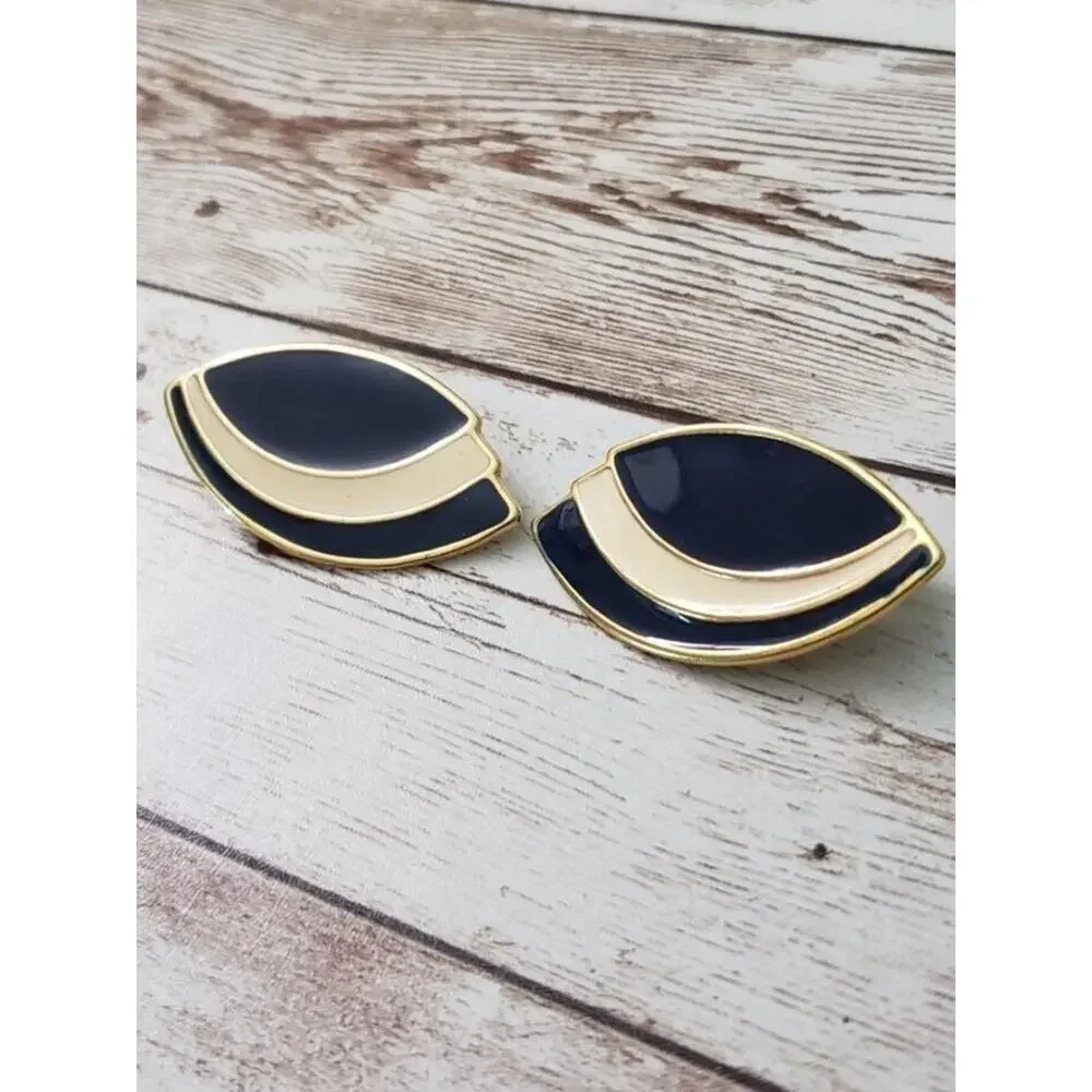 Vintage Clip On Earrings - Navy Blue, Gold Tone, Cream - Statement Earrings