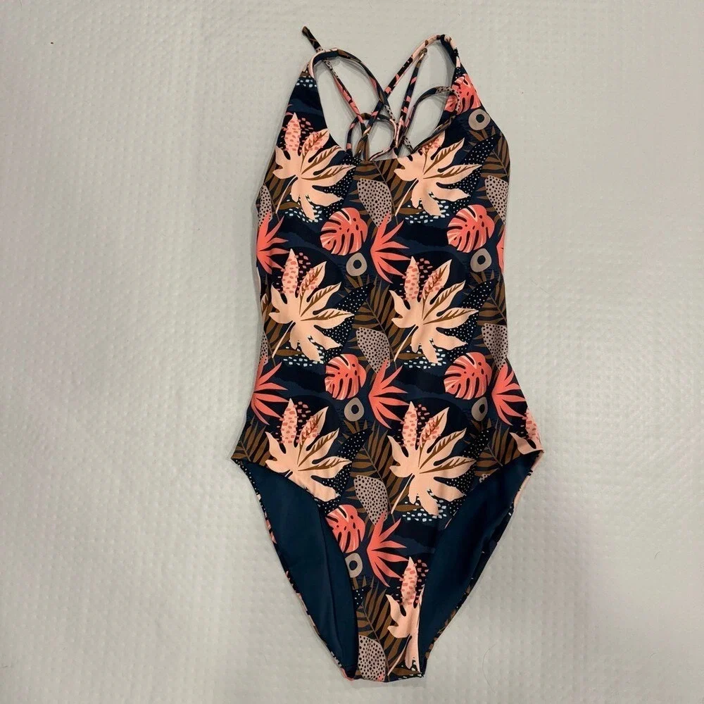 Senita Athletics One Piece Swimsuit Tropical Floral XL Navy Pink Women